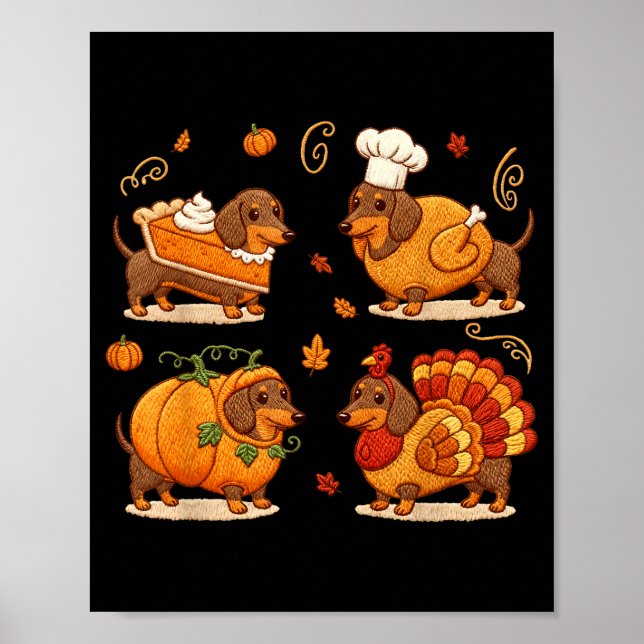 Póster Dachshund Dog Pumpkin E Turkey Thanksgiving Men Wo (Frente)
