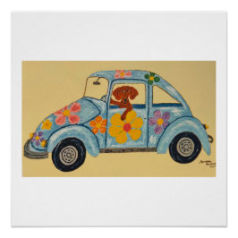 Póster Dachshund en coche hippie