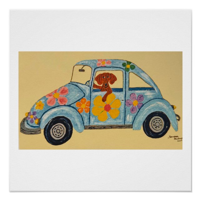 Póster Dachshund en coche hippie (Anverso)