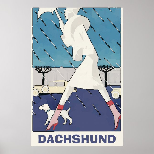 Póster Dachshund en el Poster de la lluvia (Frente)