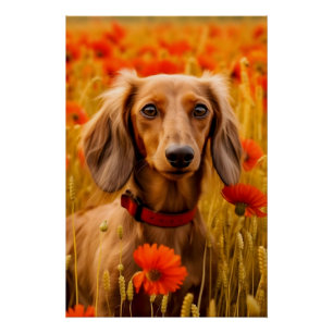Póster Dachshund En Un Campo De Flores