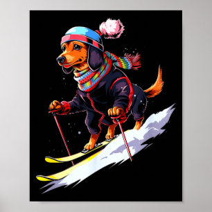 Póster Dachshund esquiando perro esquiador esquí invierno