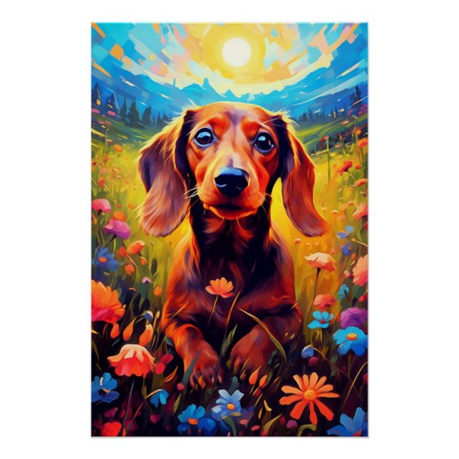 Póster Dachshund Explora Pacíficamente Un Prado (Anverso)