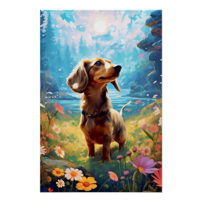 Póster Dachshund Explorando Un Prado (Anverso)