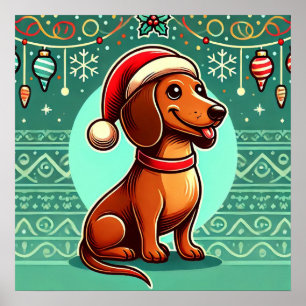 Póster Dachshund festivo con sombrero de Santa