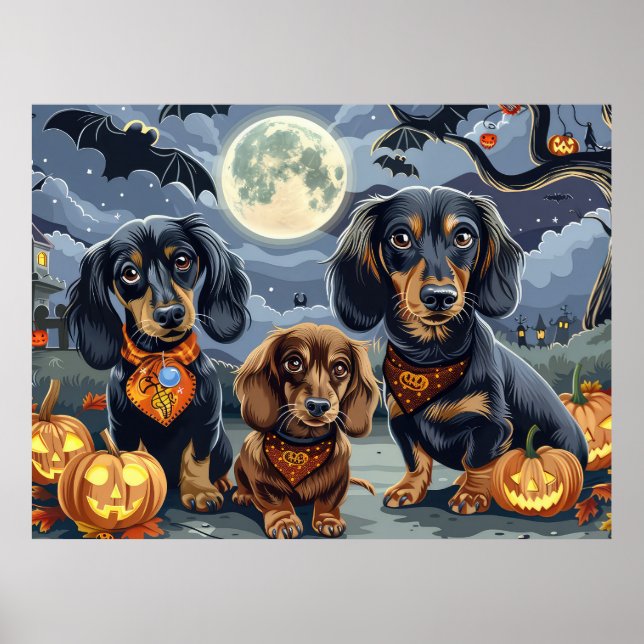 Póster Dachshund Halloween Espeluznante  (Frente)