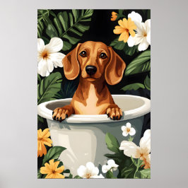 Póster Dachshund In Bathtub Poster, Funny Dog Poster