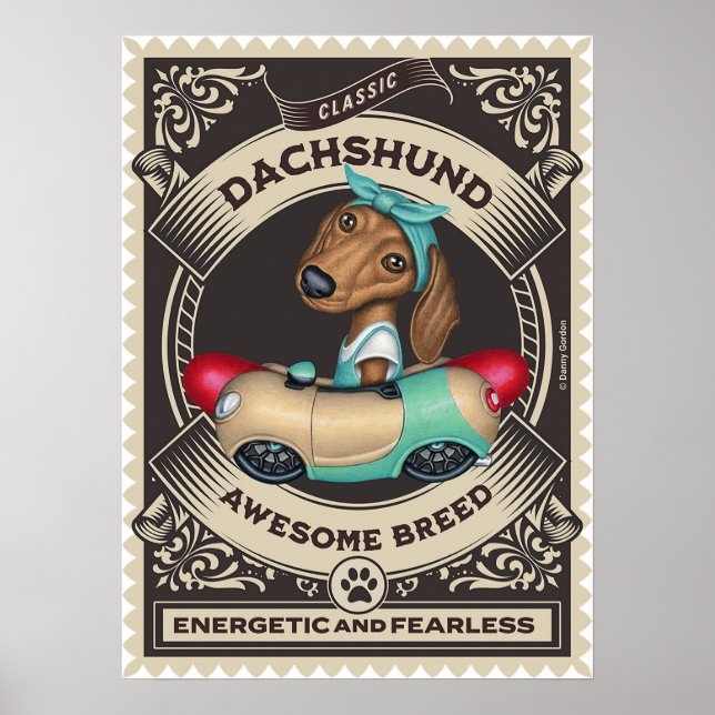 Póster Dachshund lindo en un auto con forma de salchicha (Frente)