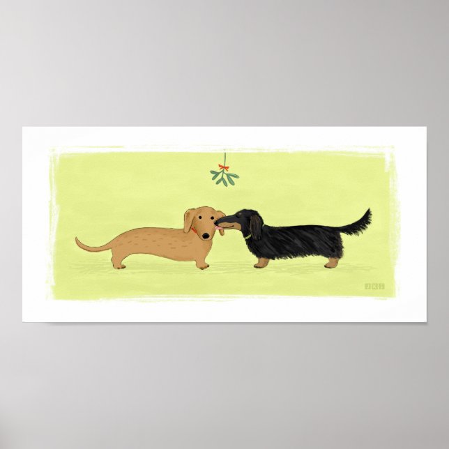 Póster Dachshund Mistletoe Kiss - Navidades de Perros de  (Frente)