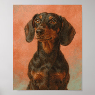 Póster Dachshund negro y marrón sobre coral