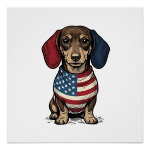 Póster Dachshund Patriótico Grabado Vintage Vector Diseño