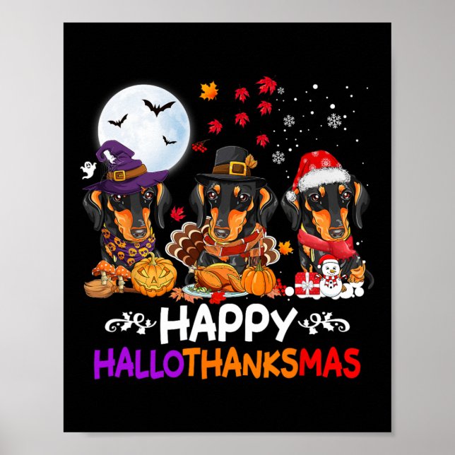 Póster Dachshund Perros Navidades Felices Hallothankmas (Frente)