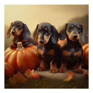 Póster Dachshund Puppy Calabaza deslumbrante de otoño