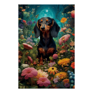 Póster Dachshund Rodeado De Flores De Diversos Tipos