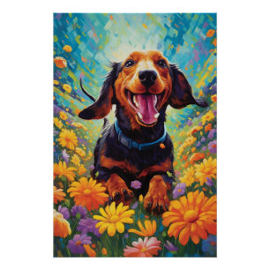 Póster Dachshund Se Congregó En Un Campo De Flor Colorida