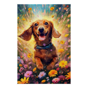 Póster Dachshund Se Congregó En Un Campo De Flor Colorida