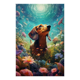 Póster Dachshund Se Congregó En Un Campo De Flor Colorida