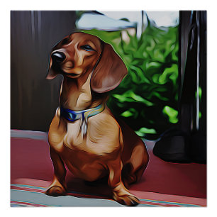 Póster Dachshund Se Encuentra En El Porche Del Cumpleaños