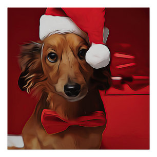 Póster Dachshund Sentado Frente A Un Regalo De Navidades 