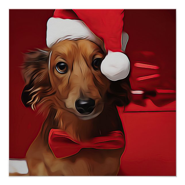 Póster Dachshund Sentado Frente A Un Regalo De Navidades  (Anverso)
