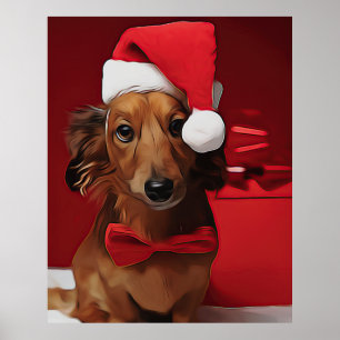 Póster Dachshund Sentado Frente A Un Regalo De Navidades