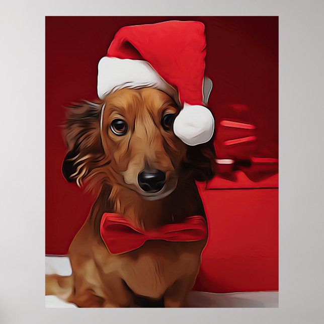 Póster Dachshund Sentado Frente A Un Regalo De Navidades (Frente)
