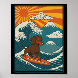 Póster Dachshund Surfista Ola Japonesa Perro Wiener