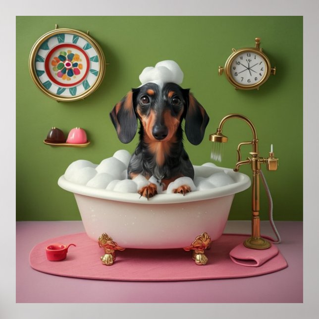 Póster Dachshund toma un baño de burbujas en una pequeña  (Frente)
