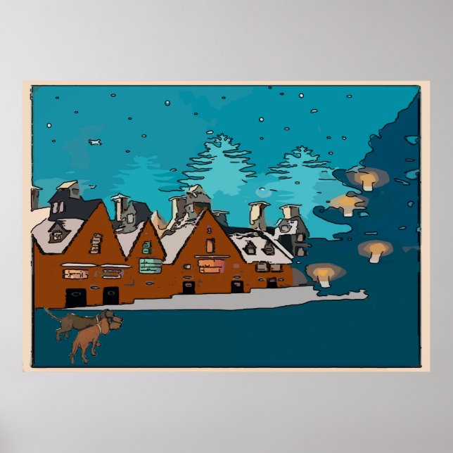 Póster Dachshunds en Winter Village, (Frente)