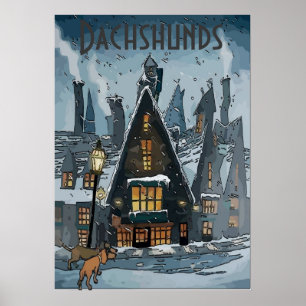 Póster Dachshunds en Winter Village, agrega texto
