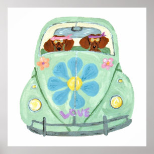 Póster Dachshunds Hippies En Su Coche De Amor Floral
