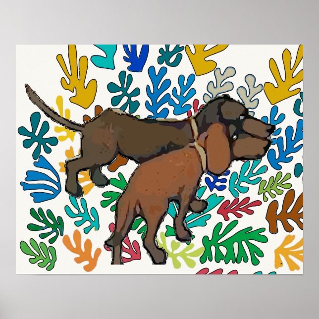 Póster Dachshunds y hojas abstractas (Frente)