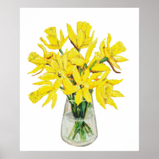 Póster daffodias de oro pintadas a mano en jarrón