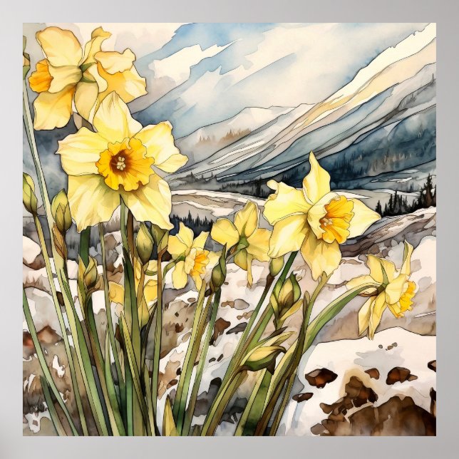 Póster Daffodil bajo el muro de la nieve arte, Plaza flor (Frente)
