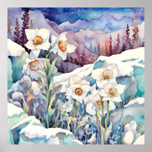 Póster Daffodil bajo el muro de la nieve arte, Plaza flor