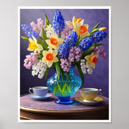 Póster Daffodils Hyacinths Blue Glass Vase Teacups