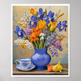 Póster Daffodils Iris Blue Ceramic Vase Teacup