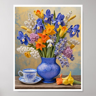 Póster Daffodils Iris Blue Ceramic Vase Teacup