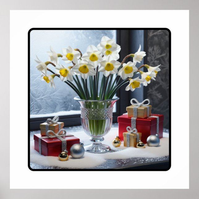 Póster Daffodils y regalos en un nevado vaso (Frente)
