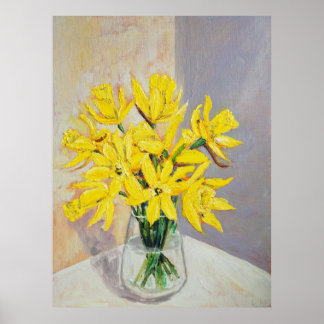 Póster daffodis en acuarela de jarrón de vidrio