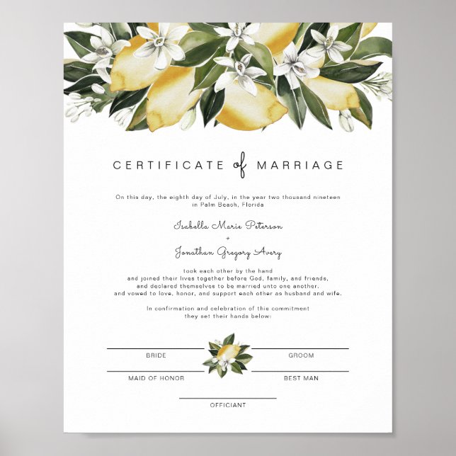 Póster Dahlia - Certificado de Matrimonio Jardín de Cítri (Frente)
