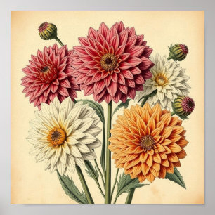 Póster Dahlias Antiguos en Papel Desgastado