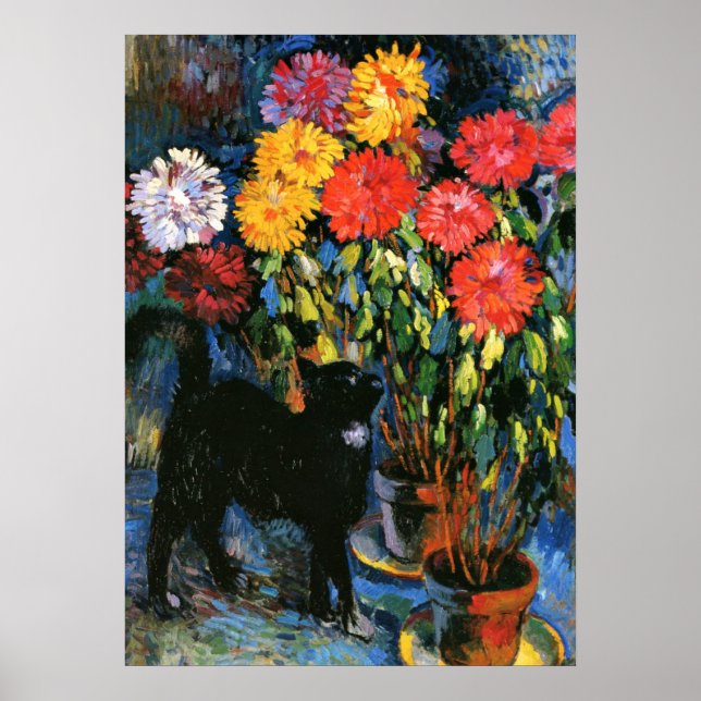 Póster Dahlias y gato negro, pintura artística fina (Frente)
