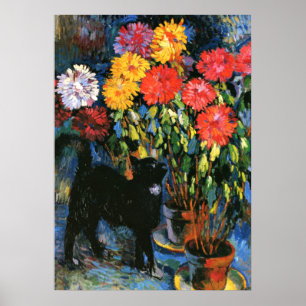 Póster Dahlias y gato negro, pintura artística fina