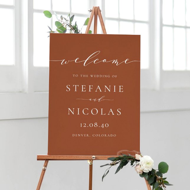 Póster Dainty Script Bienvenida Boda Terracotta (Customizable terracotta minimalist script wedding welcome sign)
