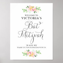 Póster Dainty Watercolor Florals Bat Mitzvah Signo de bie