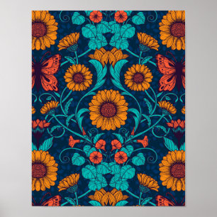 Póster Daisias de Art Nouveau en azul y amarillo