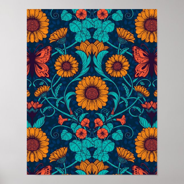 Póster Daisias de Art Nouveau en azul y amarillo (Frente)