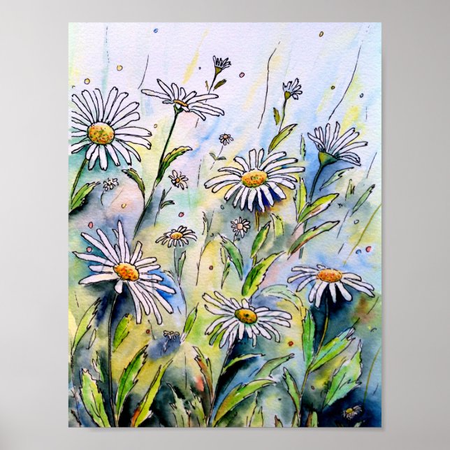 Póster Daisies de pintura acuarela (Frente)