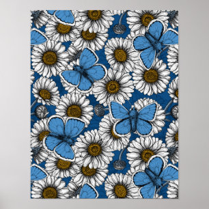 Póster Daisies, flores silvestres blancas y mariposas azu